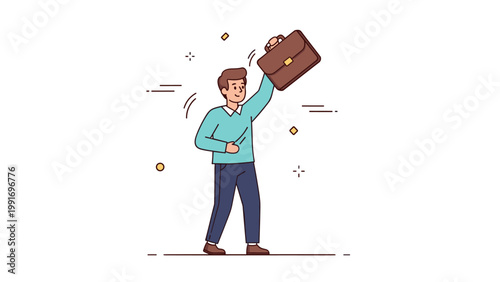 Young caucasian male celebrating success with briefcase in hand