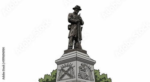 Stylized illustration of a solemn soldier statue atop a monument