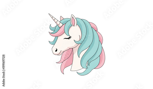Magical unicorn head pastel blue pink mane peaceful cute cartoon vector illustration