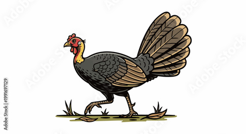 Stylized illustration of a turkey walking on grassy ground with scattered leaves