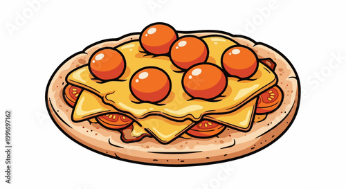 Stylized illustration of a round flatbread topped with melted cheese, tomato slices, and whole eggs