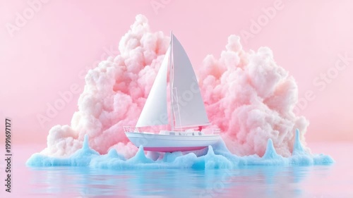 Dreamy sailboat surrounded by pink and blue cotton candy clouds on calm waters