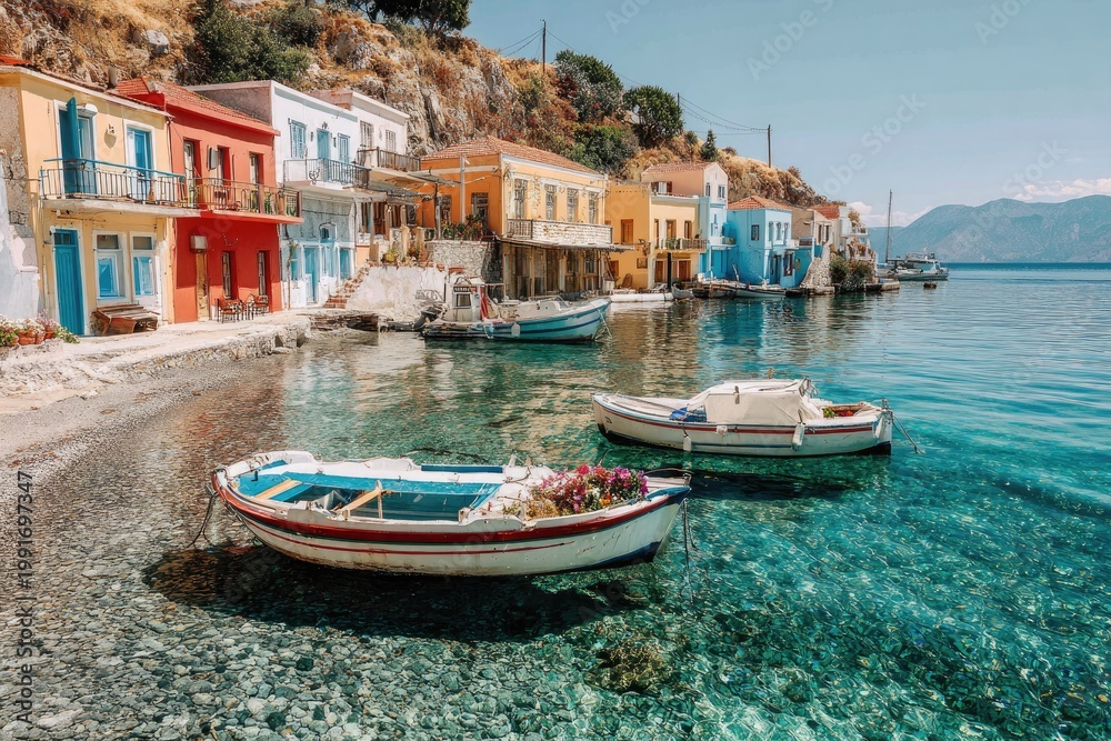 Obraz premium Colorful village homes and boats on a clear turquoise bay