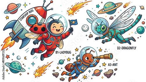 Space Insects Astronaut Cartoon Illustration Set Featuring Ladybug Spaceship Dragonfly Ant Galaxy Exploration SciFi Editable Vector Character Collection