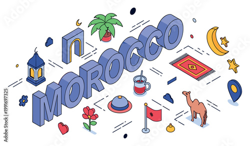 Isometric moroccan elements with lantern, camel, and rug design