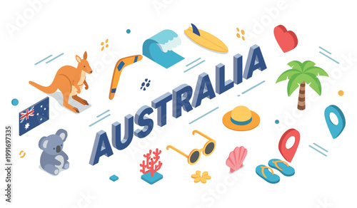 Colorful isometric australia theme with kangaroo, boomerang, and surfboard