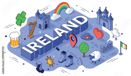 Ireland symbols: castles, harp, rainbow, shamrock, and irish culture icons illustrated