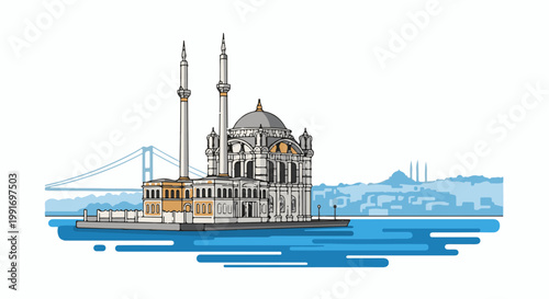 Stylized illustration of a grand mosque with minarets beside a bridge and distant city skyline