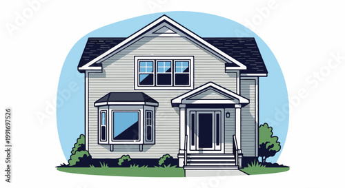 Stylized illustration of a gray clapboard two-story residential house with bay window