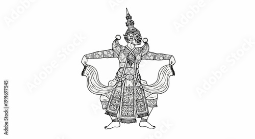 Stylized drawing of a masked, costumed figure in traditional garb
