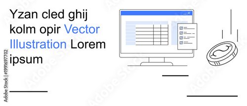 Digital finance, data analysis, e-commerce, online transactions, business management, information systems. A monitor with a data table, checklist and a coin. Digital finance and data analysis