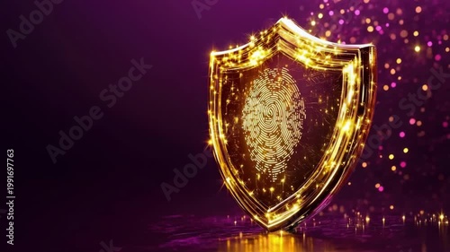 Golden shield with fingerprint for cyber safety. Personal data and identity protection against internet threats for cybersecurity company or antivirus software