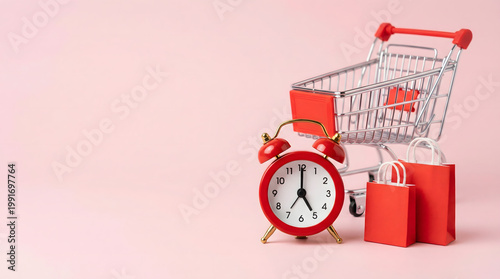 Shopping cart, alarm clock, and red bags on pink background - time for sales and discounts