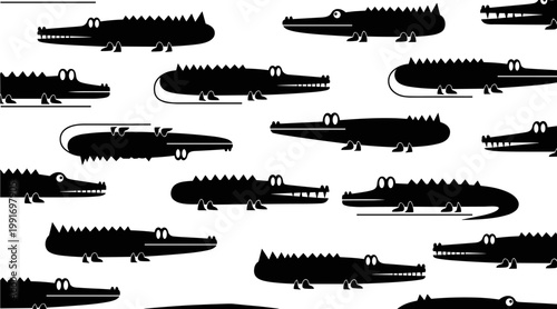 Cartoon crocodile figures in repeating pattern on white, no seamless
