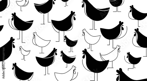 Hens and chicks illustrated in repeating barnyard pattern, no seamless