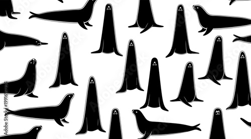Seal silhouettes alternating standing and reclining on white, no seamless