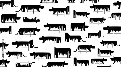 Tiger silhouettes walking in staggered rows on white background, no seamless