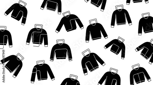 Sweaters scattered in repeating pattern on white background, no seamless