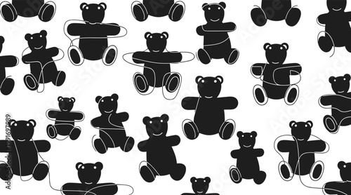 Childrens teddy bears scattered across white repeating background, no seamless