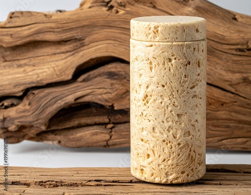 Cylindrical mycelium fiber container on driftwood, eco-friendly sustainable organic packaging mockup