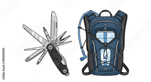Multi Tool and Hiking Backpack.