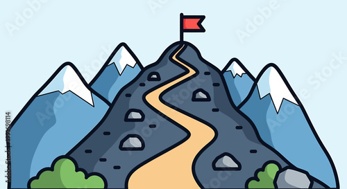 Mountain with a flag on top.