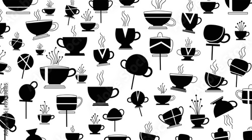 Assorted cup and mug icons arranged on white background, no seamless