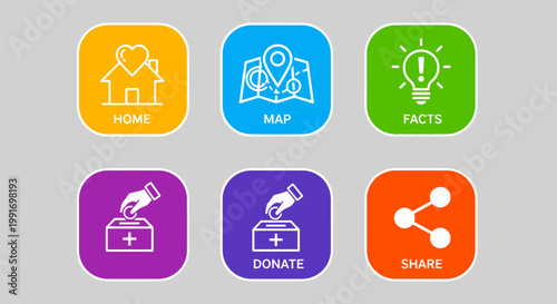 Set of six colorful charity and social impact icons.