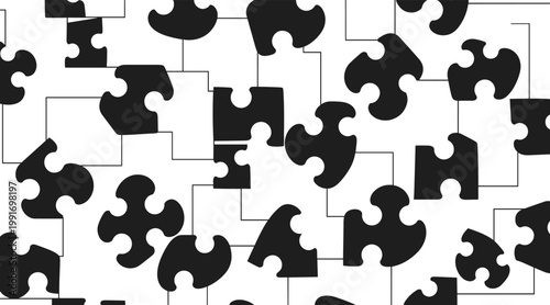 Jigsaw puzzle pieces scattered over white seamless background, no seamless