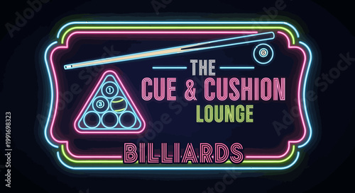 Neon Sign Illuminates Cue and Cushion Lounge Billiards Establishment.