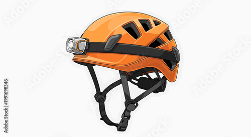 Orange climbing helmet with headlamp.