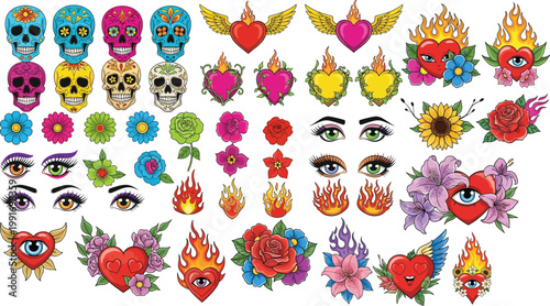 Set of Colorful Tattoo-Inspired Designs Featuring Sugar Skulls, Flaming Hearts, Eyes, Flowers, and Wings for Bold Art and Decor