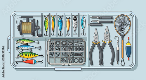 Organized Fishing Tackle Box with Lures, Tools, and Accessories.