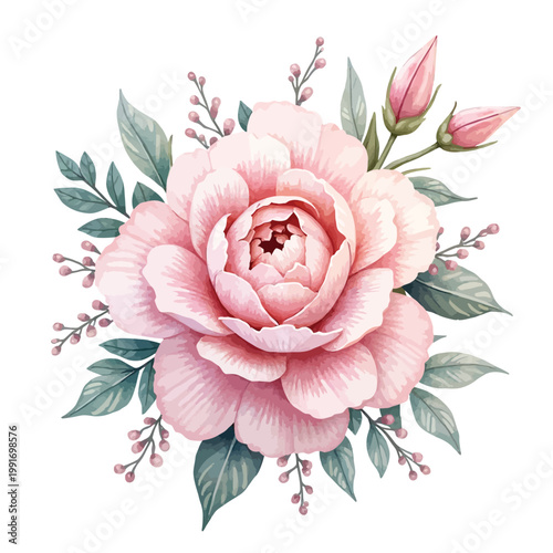 Pink Peony Flower Bouquet with Buds and Foliage
