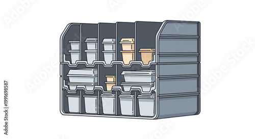 Organized Food Storage Containers in a Commercial Kitchen Setting.