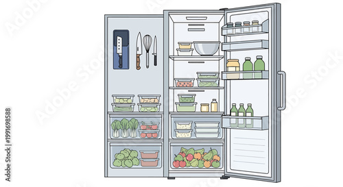 Open refrigerator with food and drinks inside.