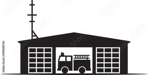 Fire station silhouette with fire truck in garage and antenna, minimalist vector illustration