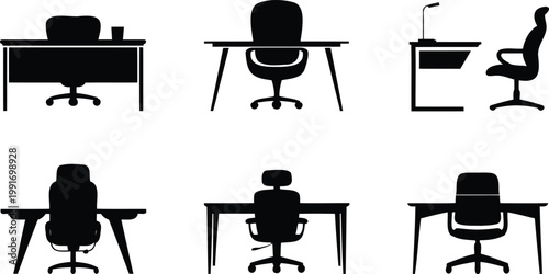 Office furniture icons with desks and chairs in various positions and settings
