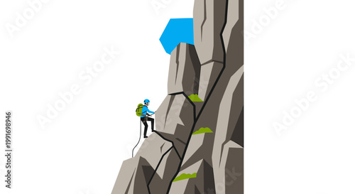 Person climbing steep rocky mountain side.