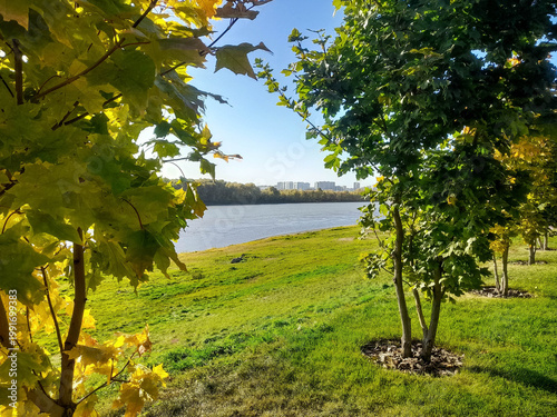 Fotografía Beautiful autumn landscape with river, trees and grass in the park