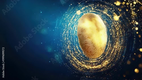 Golden fingerprint on dark blue background. Personal identification and biometric authentication technology, cyber security for digital protection, futuristic design