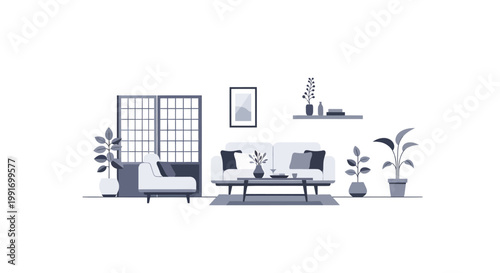 Modern living room interior with furniture and plants
