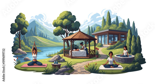 people practicing yoga outdoors in a serene natural setting