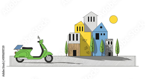 colorful houses with scooter on the street in cartoon style