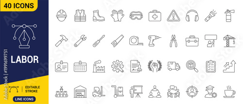 Comprehensive set of line icons representing various aspects of labor, work, and industry, suitable for digital and print use