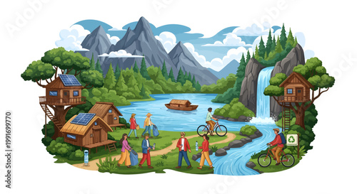 vibrant illustration of people enjoying outdoor activities in a scenic landscape