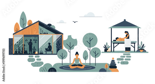 Serene outdoor yoga practice in a modern garden setting