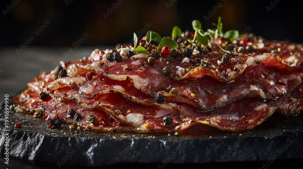 Obraz premium Gourmet Cured Meat Platter with Peppercorns and Herbs