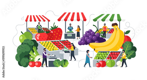 Vibrant farmer's market scene with fresh produce and people