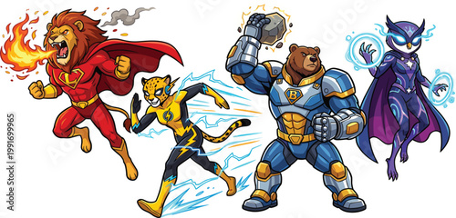 Animal Superhero Fantasy Characters Illustration Set Featuring Lion Cheetah Bear Owl Power Action Comic Editable Vector Mascot Collection